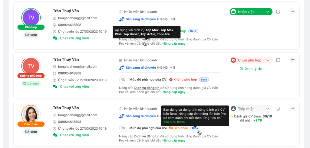 Hiển thị đối với phiên bản chấm điểm Beta