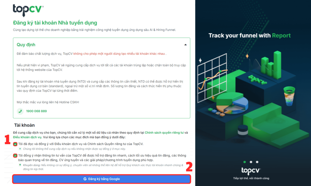 Đăng ký tài khoản tuyển dụng TopCV bằng Google