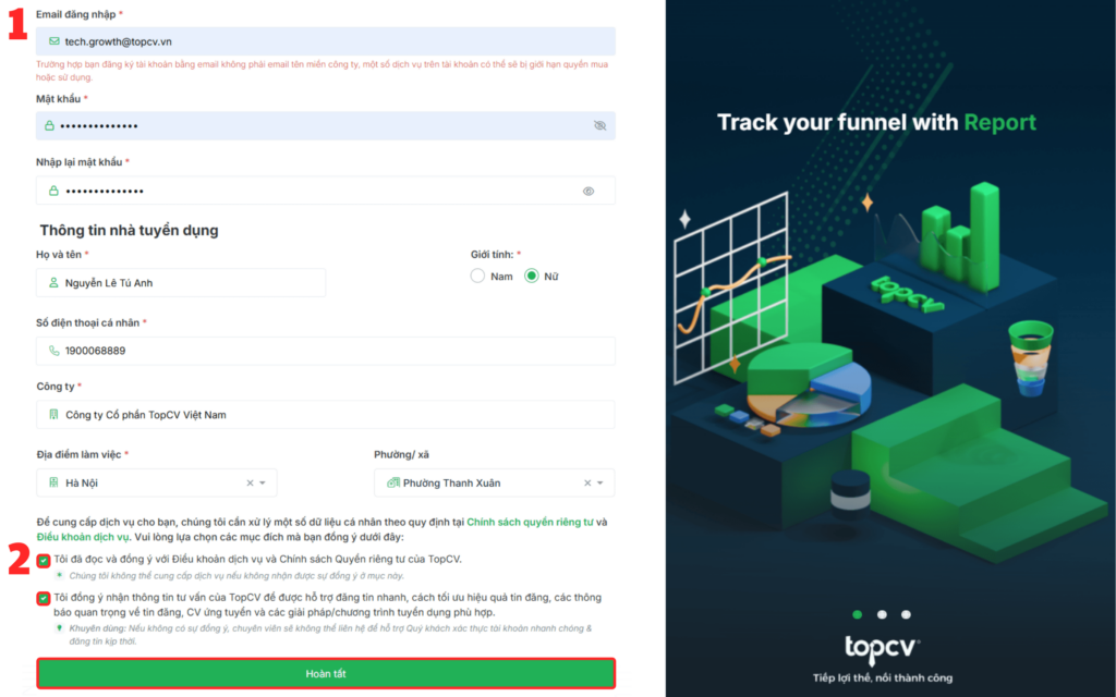 Điền form đăng ký tài khoản nhà tuyển dụng TopCV