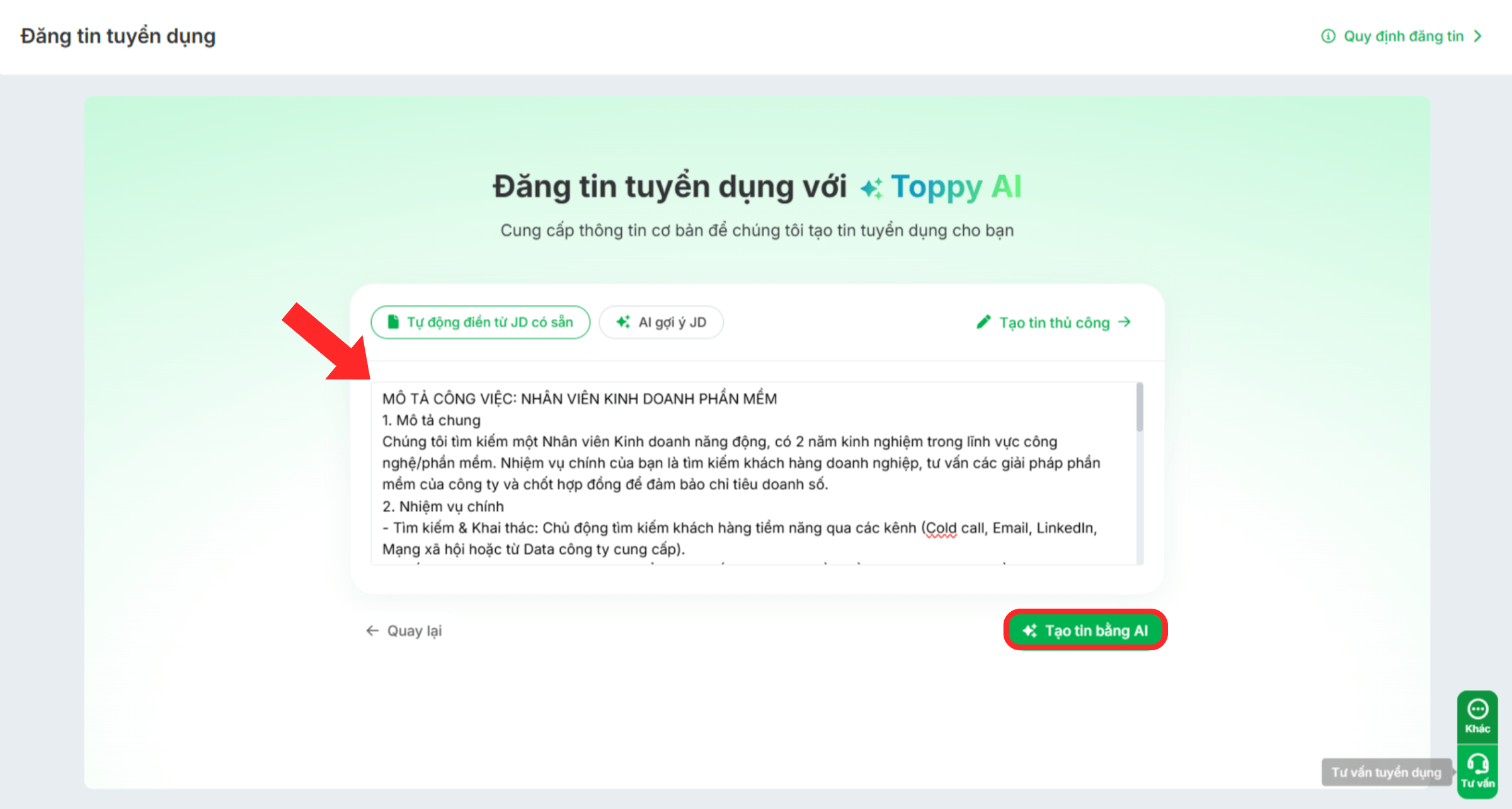 Điền JD có sẵn để tạo tin tuyển dụng
