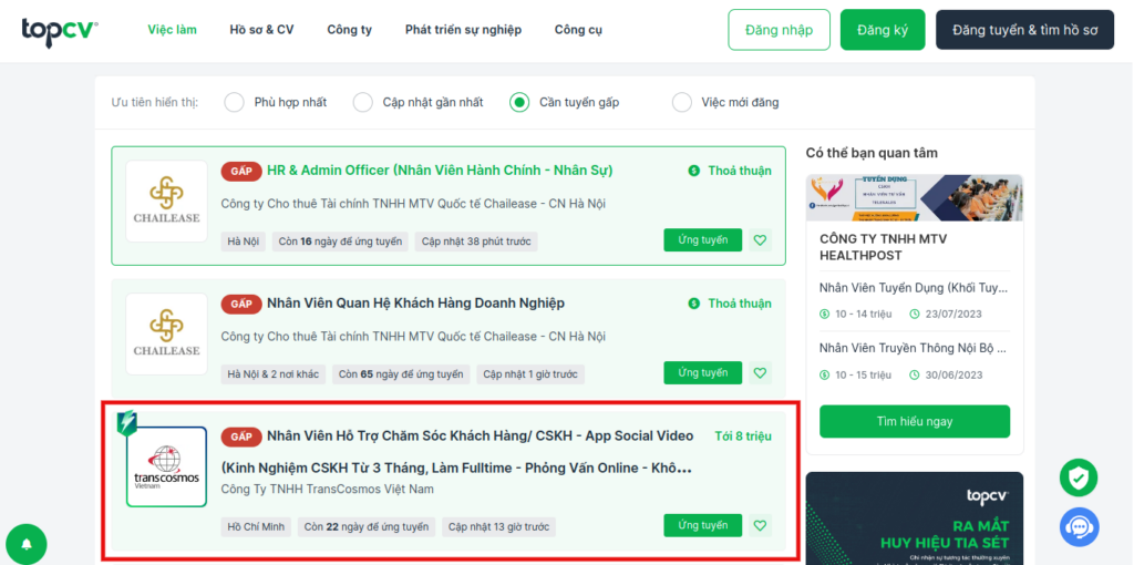 Ví dụ về tin đăng có sử dụng Add-on Label GẤP trên TopCV