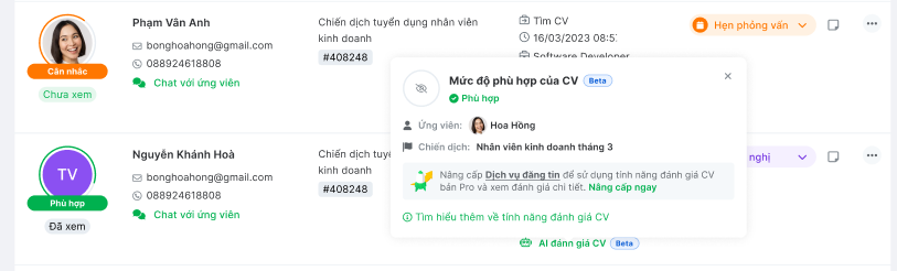 Kết quả CV Scoring Beta tại màn hình Quản lý CV