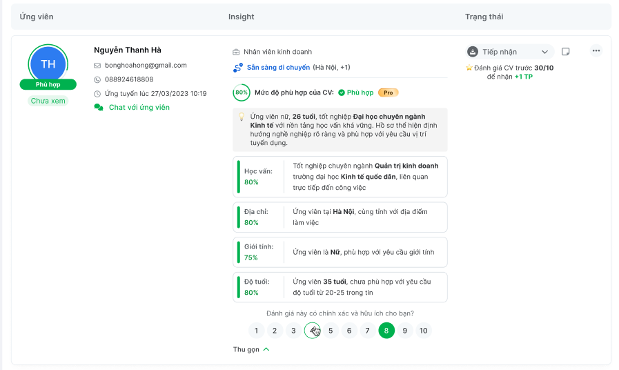 Kết quả CV Scoring Pro của một chiến dịch tuyển dụng