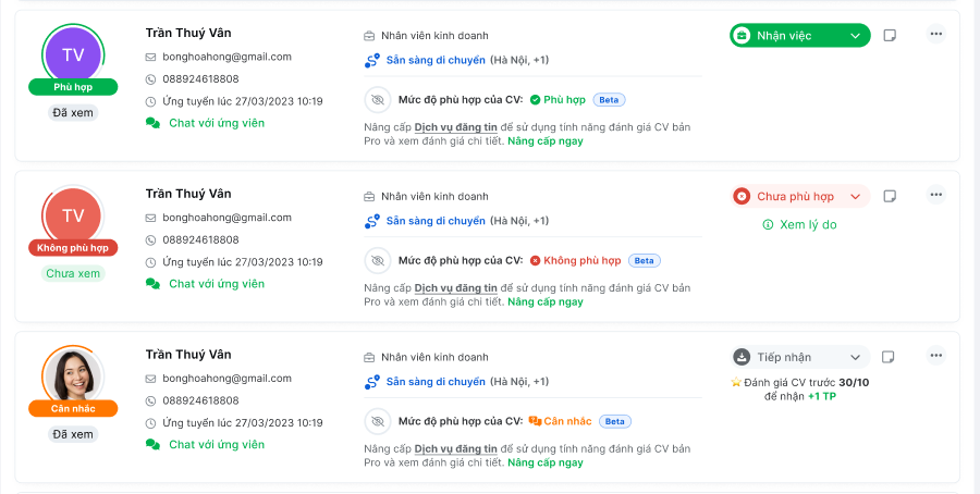 Kết quả CV Scoring Beta của một chiến dịch tuyển dụng