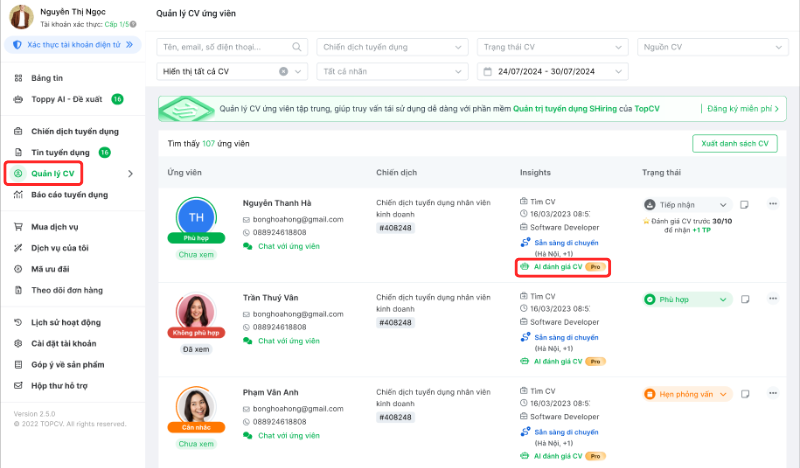 Popover "AI đánh giá CV" tại màn hình Quản lý CV