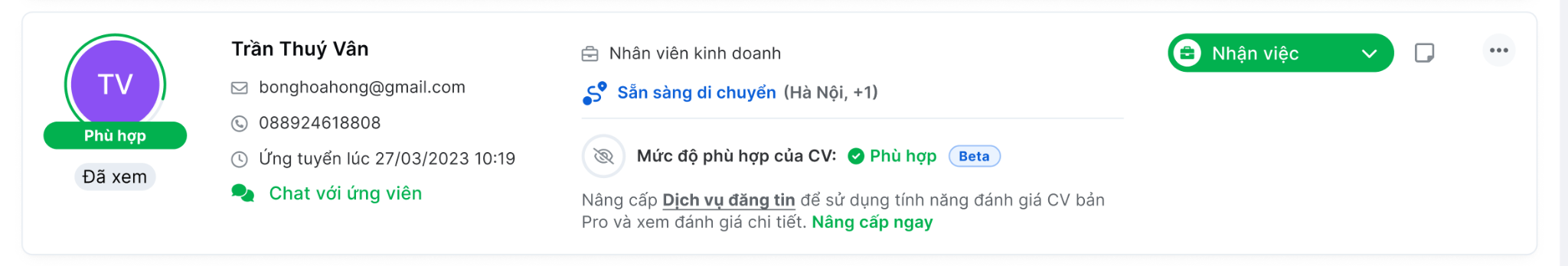 CV Scoring (bản Beta) cung cấp dữ liệu về mức độ phù hợp của CV với JD