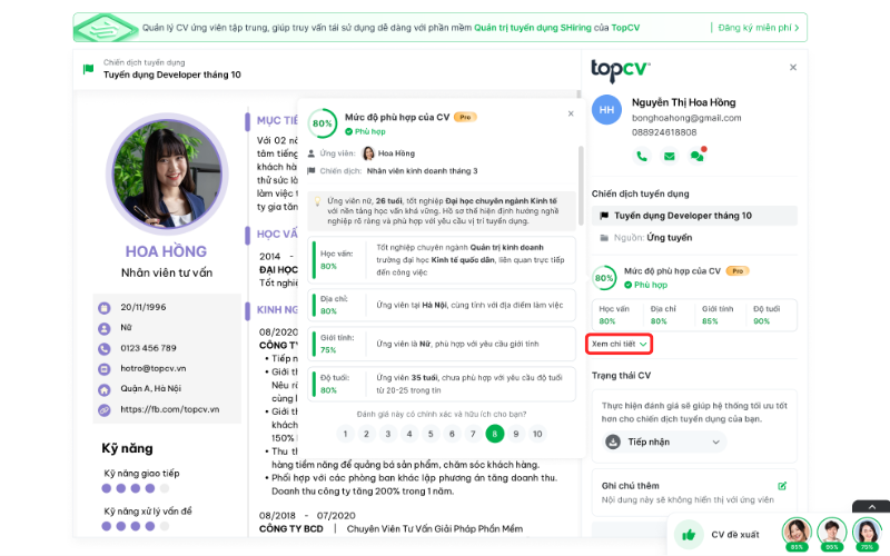 Kết quả CV Scoring Pro tại màn hình Chi tiết CV ứng tuyển