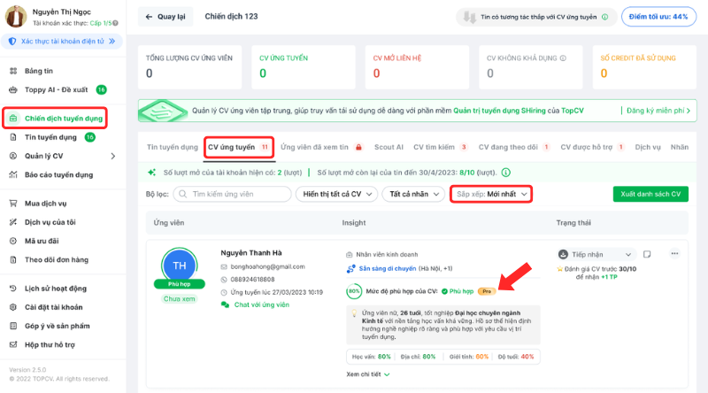 Danh sách CV được đánh giá bởi CV Scoring