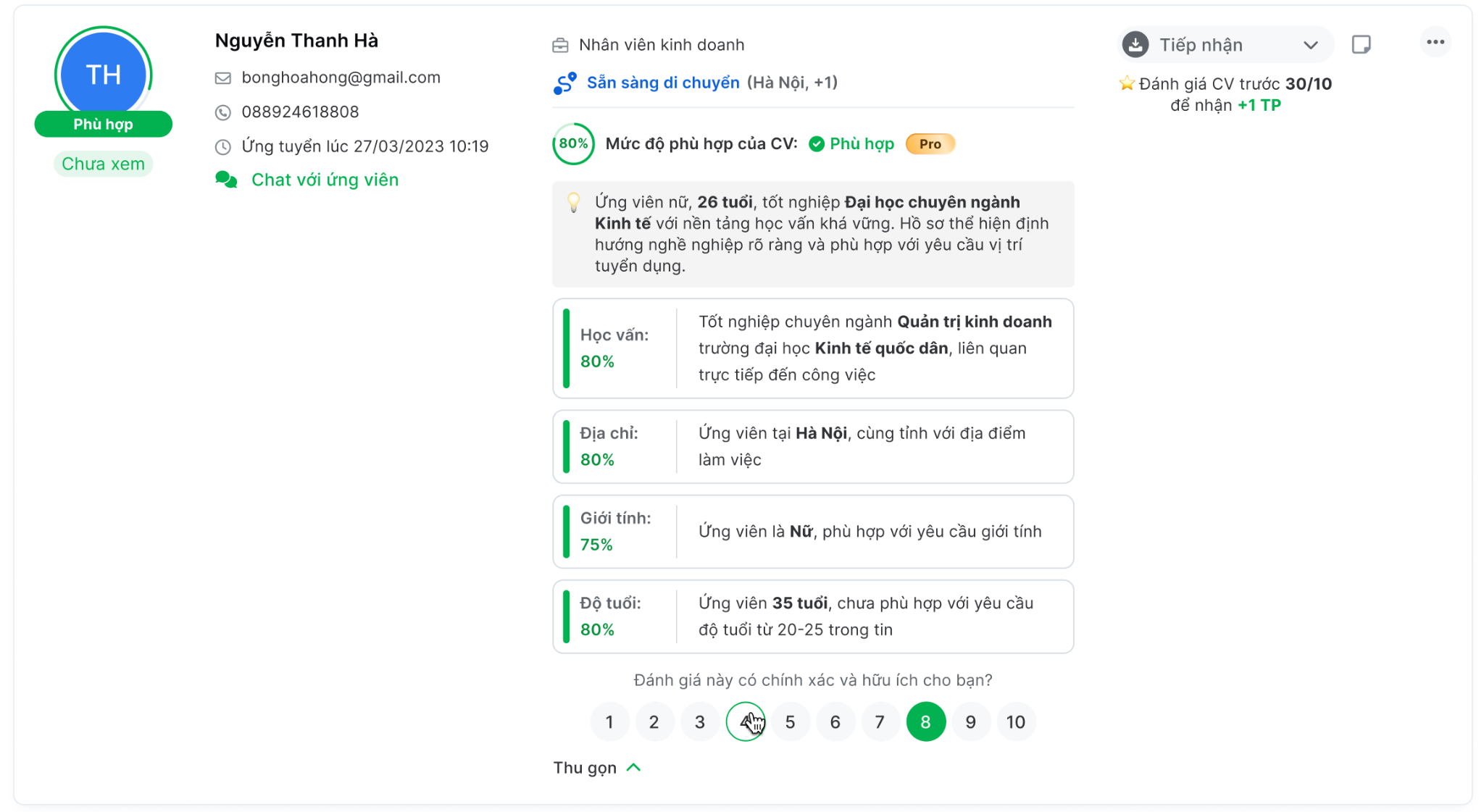 CV Scoring (bản Pro) cung cấp dữ liệu đánh giá CV chi tiết