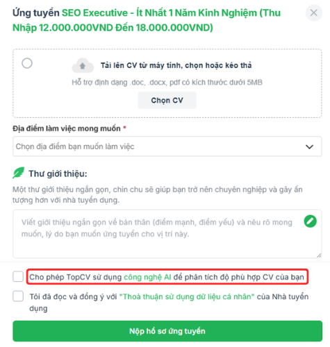 Tính năng CV Scoring chỉ áp dụng với các CV được ứng viên cho phép AI phân tích và đánh giá