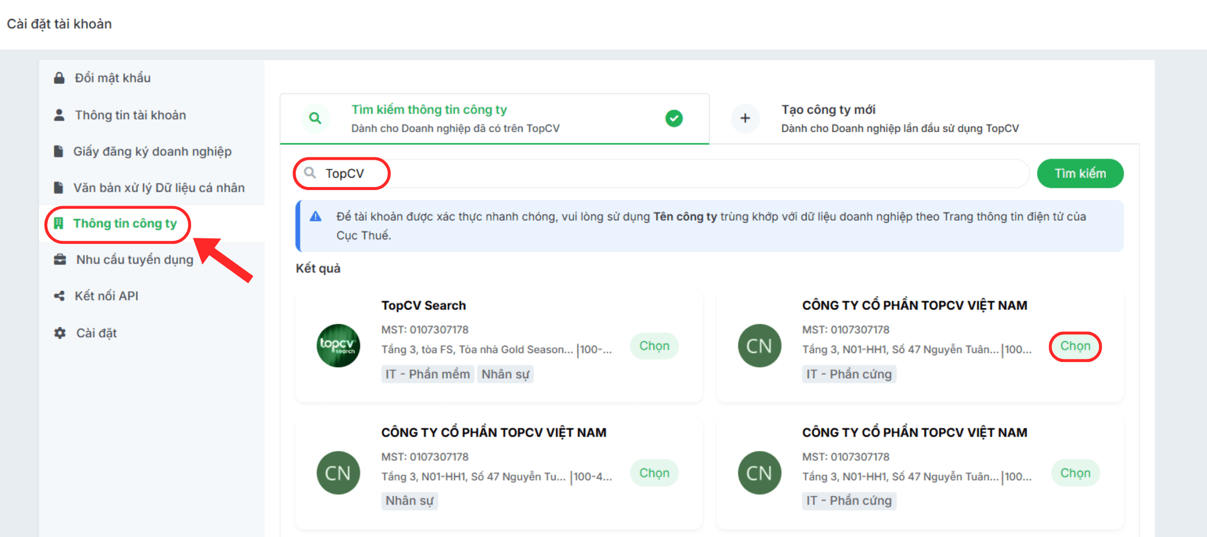 Tìm kiếm tên công ty với mã số thuế chính xác