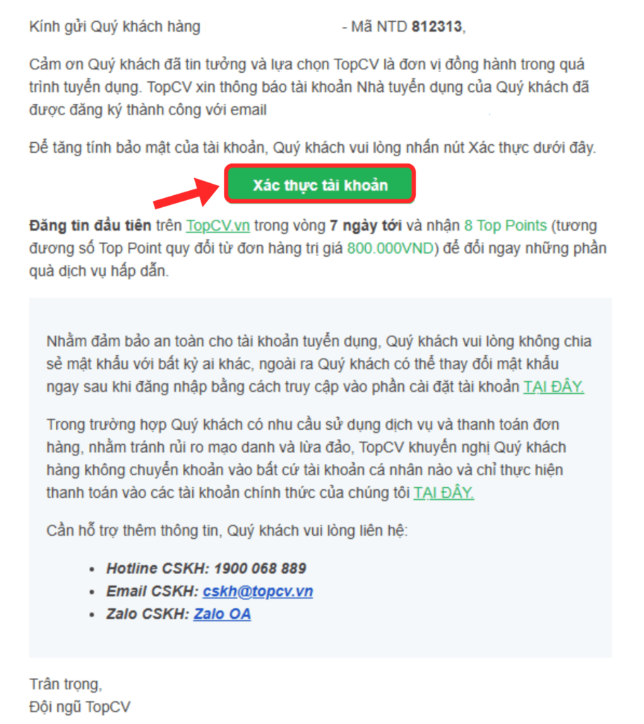 Mở email và nhấn "Xác thực tài khoản"