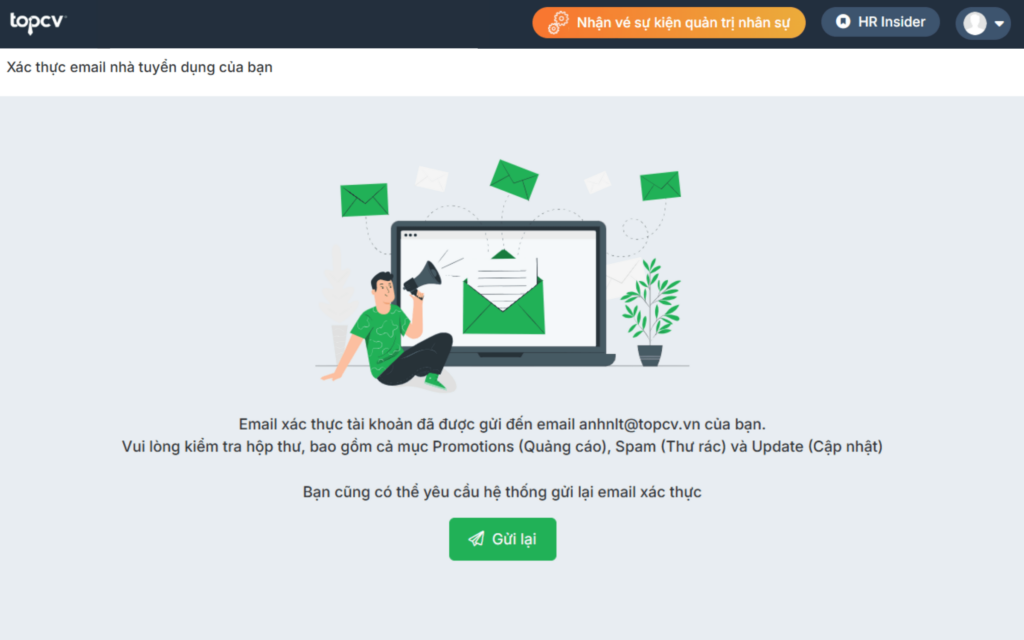 Kiểm tra email để xác thực tài khoản nhà tuyển dụng TopCV cấp độ 1