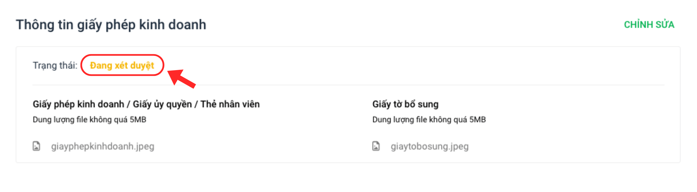 Trạng thái "Đang xét duyệt" sau khi tải lên Giấy phép kinh doanh