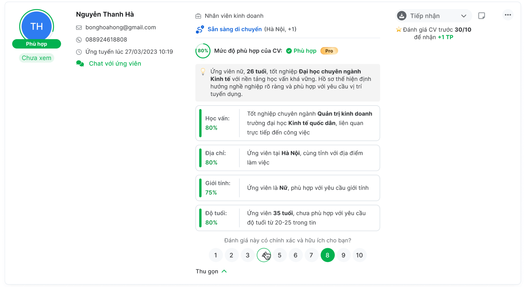 Tính năng CV Scoring giúp nhà tuyển dụng sàng lọc hồ sơ nhanh chóng