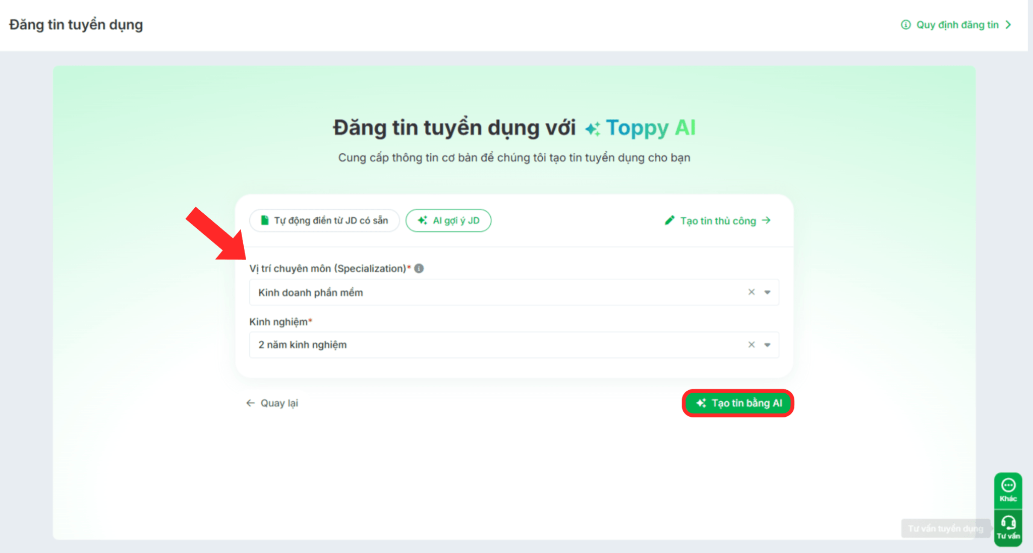 Sử dụng AI để nhanh chóng tạo tin tuyển dụng trên TopCV